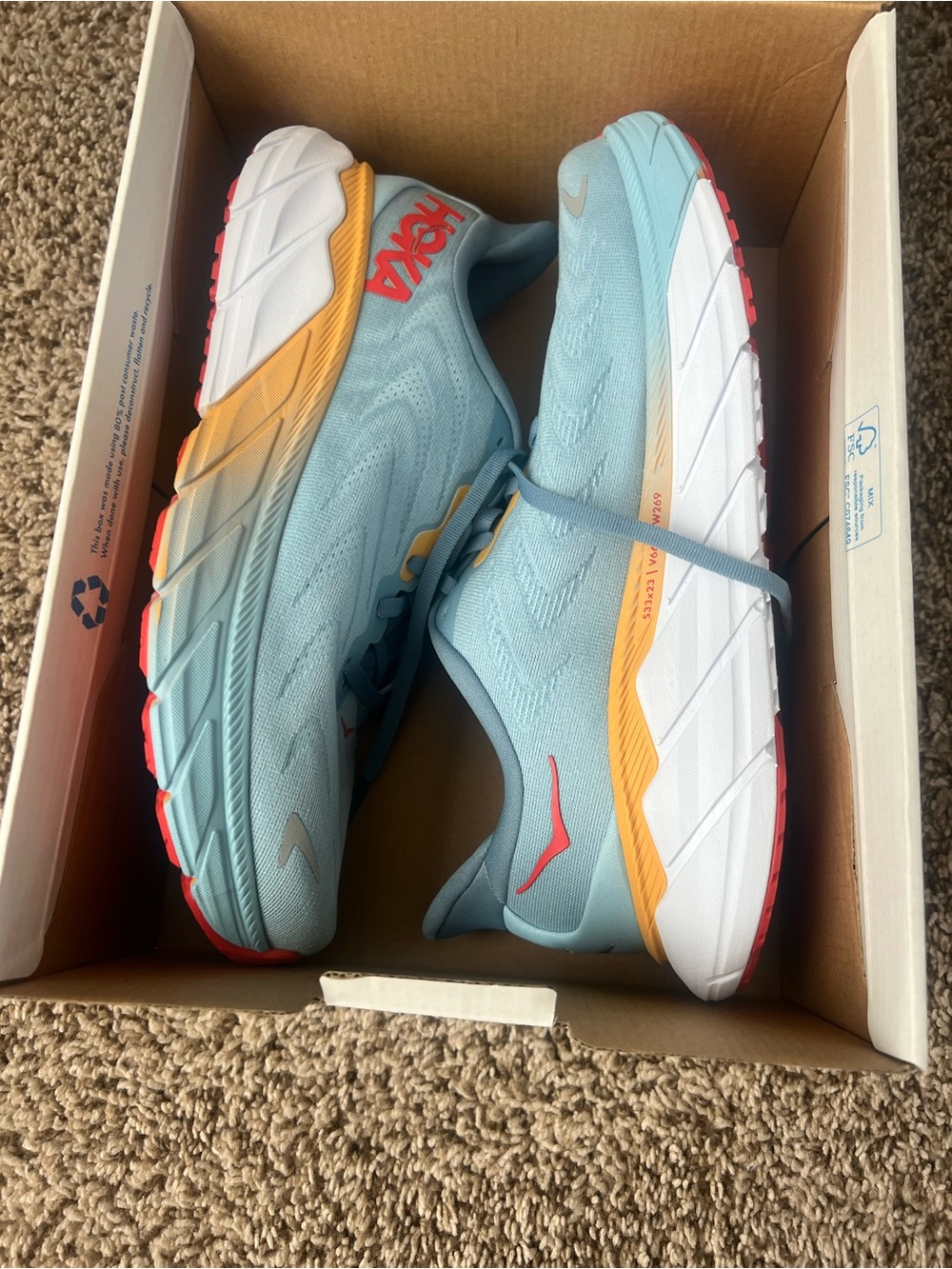 Men’s Hoka Light Blue Shoes with Yellow & Coral Accents 9.5